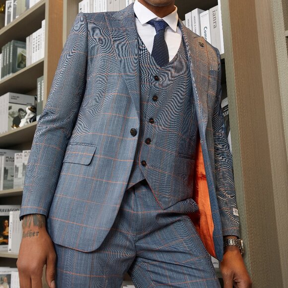 Grey/Orange Windowpane 3 Piece Stacy Adams Men's Suit - Picture 2 of 6